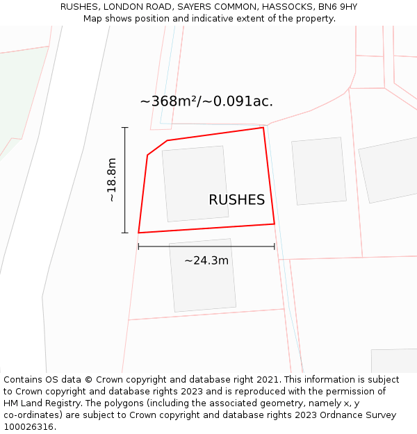 RUSHES, LONDON ROAD, SAYERS COMMON, HASSOCKS, BN6 9HY: Plot and title map