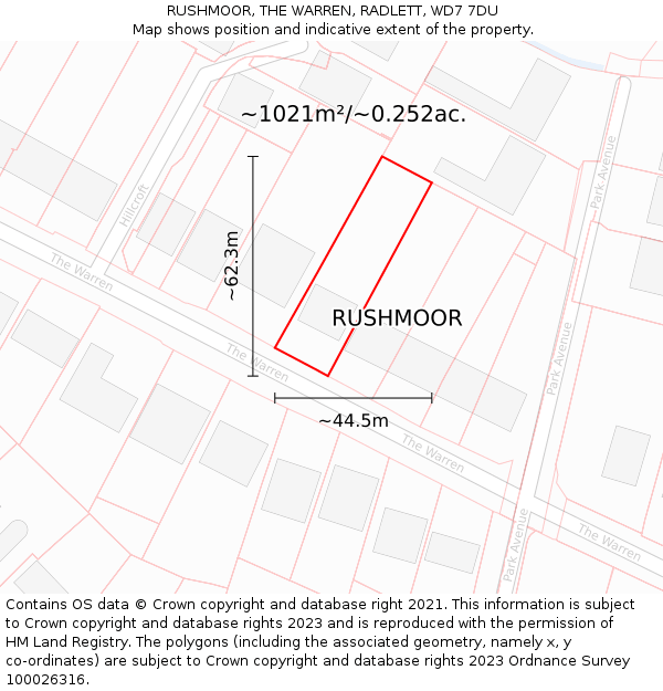 RUSHMOOR, THE WARREN, RADLETT, WD7 7DU: Plot and title map
