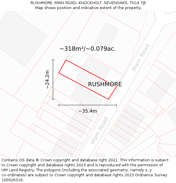 RUSHMORE, MAIN ROAD, KNOCKHOLT, SEVENOAKS, TN14 7JE: Plot and title map