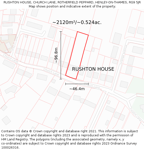 RUSHTON HOUSE, CHURCH LANE, ROTHERFIELD PEPPARD, HENLEY-ON-THAMES, RG9 5JR: Plot and title map