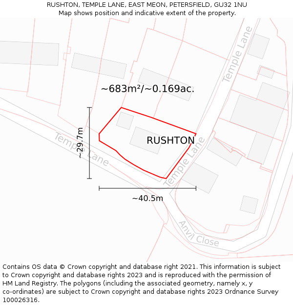 RUSHTON, TEMPLE LANE, EAST MEON, PETERSFIELD, GU32 1NU: Plot and title map