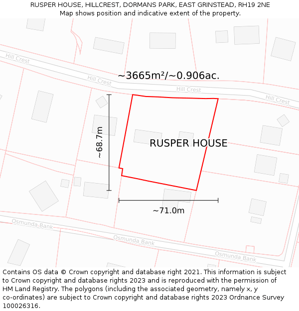 RUSPER HOUSE, HILLCREST, DORMANS PARK, EAST GRINSTEAD, RH19 2NE: Plot and title map