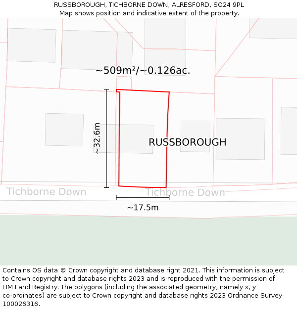 RUSSBOROUGH, TICHBORNE DOWN, ALRESFORD, SO24 9PL: Plot and title map