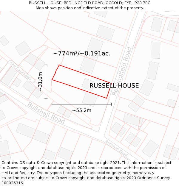 RUSSELL HOUSE, REDLINGFIELD ROAD, OCCOLD, EYE, IP23 7PG: Plot and title map