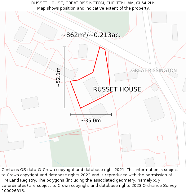 RUSSET HOUSE, GREAT RISSINGTON, CHELTENHAM, GL54 2LN: Plot and title map