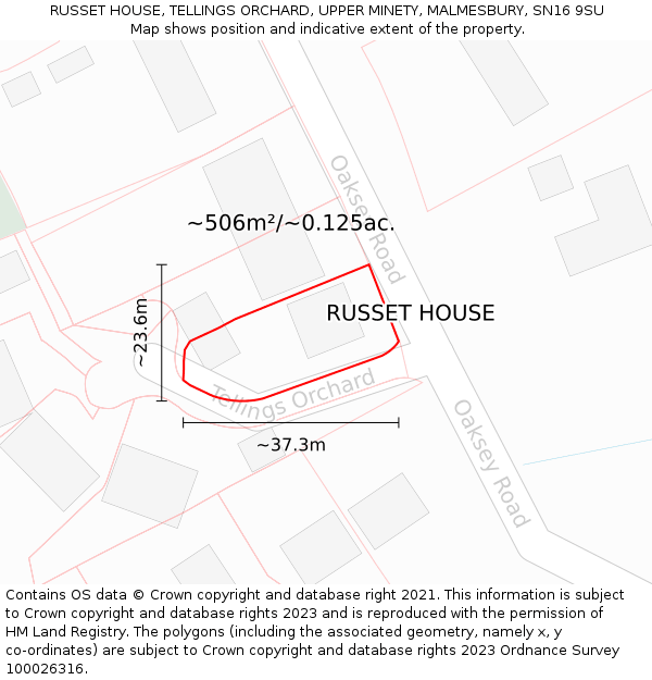 RUSSET HOUSE, TELLINGS ORCHARD, UPPER MINETY, MALMESBURY, SN16 9SU: Plot and title map