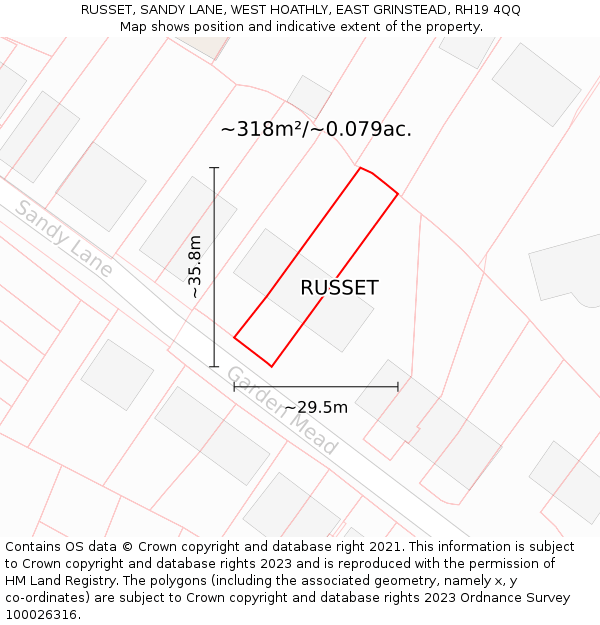 RUSSET, SANDY LANE, WEST HOATHLY, EAST GRINSTEAD, RH19 4QQ: Plot and title map