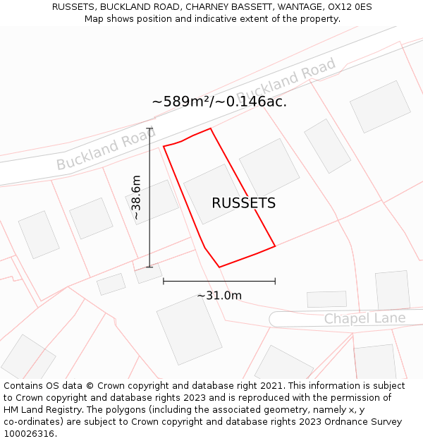 RUSSETS, BUCKLAND ROAD, CHARNEY BASSETT, WANTAGE, OX12 0ES: Plot and title map