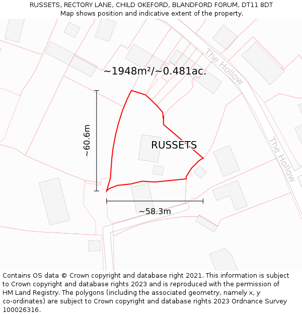 RUSSETS, RECTORY LANE, CHILD OKEFORD, BLANDFORD FORUM, DT11 8DT: Plot and title map