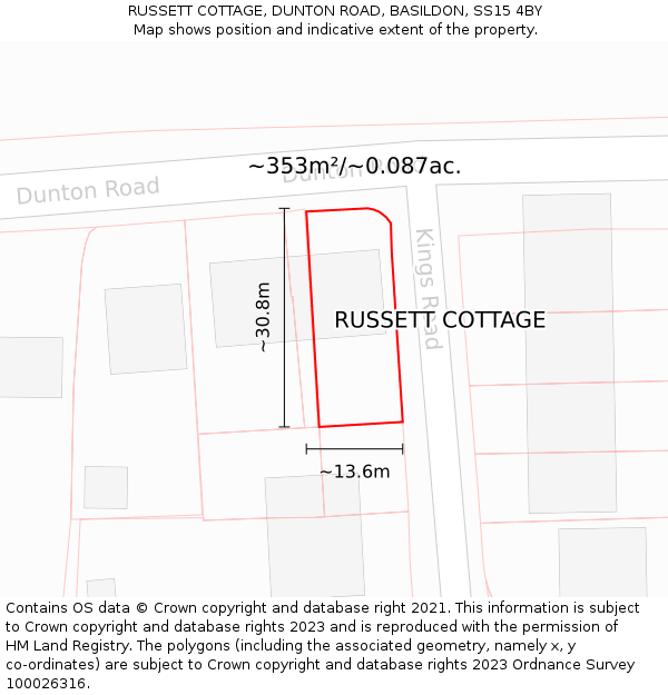 RUSSETT COTTAGE, DUNTON ROAD, BASILDON, SS15 4BY: Plot and title map