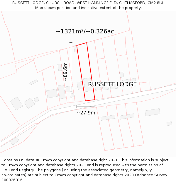 RUSSETT LODGE, CHURCH ROAD, WEST HANNINGFIELD, CHELMSFORD, CM2 8UL: Plot and title map