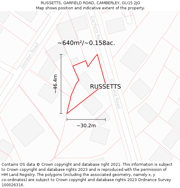 RUSSETTS, GARFIELD ROAD, CAMBERLEY, GU15 2JG: Plot and title map