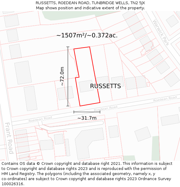 RUSSETTS, ROEDEAN ROAD, TUNBRIDGE WELLS, TN2 5JX: Plot and title map