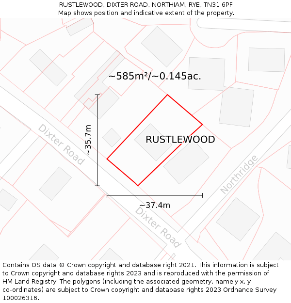 RUSTLEWOOD, DIXTER ROAD, NORTHIAM, RYE, TN31 6PF: Plot and title map