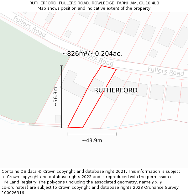 RUTHERFORD, FULLERS ROAD, ROWLEDGE, FARNHAM, GU10 4LB: Plot and title map