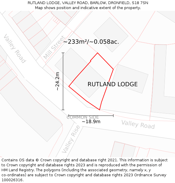 RUTLAND LODGE, VALLEY ROAD, BARLOW, DRONFIELD, S18 7SN: Plot and title map