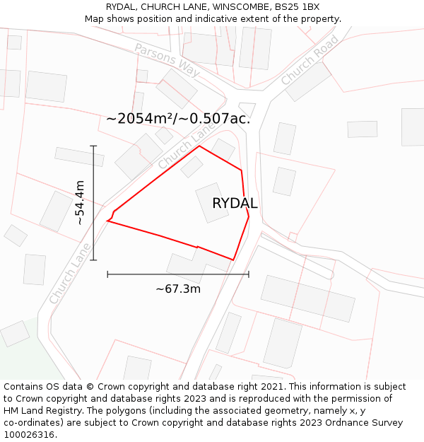 RYDAL, CHURCH LANE, WINSCOMBE, BS25 1BX: Plot and title map