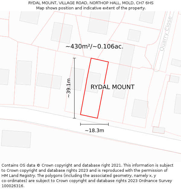 RYDAL MOUNT, VILLAGE ROAD, NORTHOP HALL, MOLD, CH7 6HS: Plot and title map