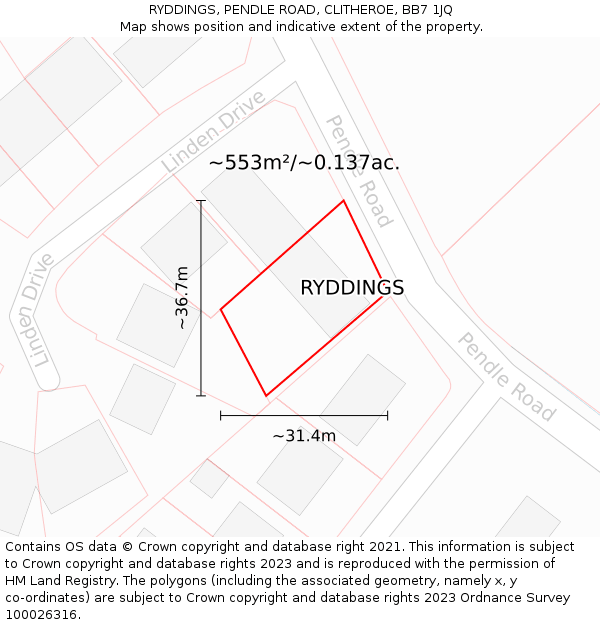 RYDDINGS, PENDLE ROAD, CLITHEROE, BB7 1JQ: Plot and title map