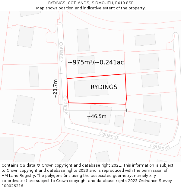 RYDINGS, COTLANDS, SIDMOUTH, EX10 8SP: Plot and title map