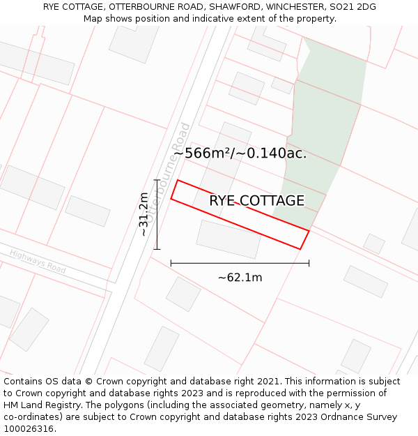 RYE COTTAGE, OTTERBOURNE ROAD, SHAWFORD, WINCHESTER, SO21 2DG: Plot and title map