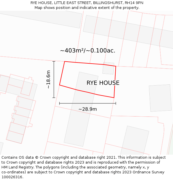 RYE HOUSE, LITTLE EAST STREET, BILLINGSHURST, RH14 9PN: Plot and title map