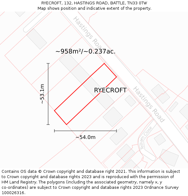 RYECROFT, 132, HASTINGS ROAD, BATTLE, TN33 0TW: Plot and title map