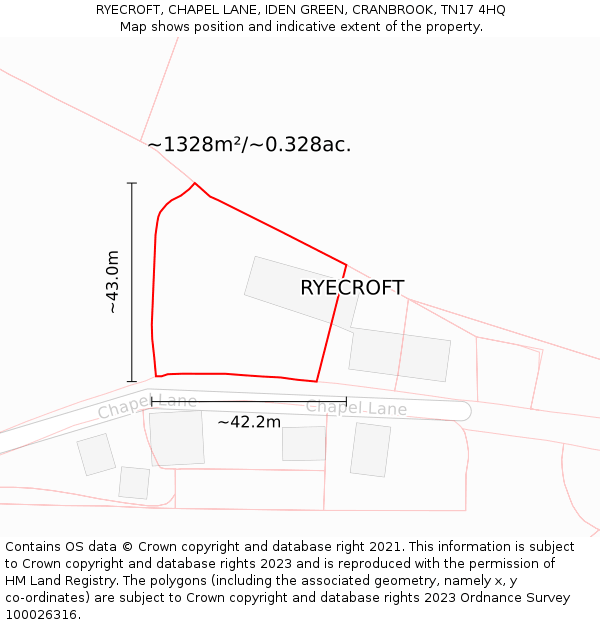 RYECROFT, CHAPEL LANE, IDEN GREEN, CRANBROOK, TN17 4HQ: Plot and title map