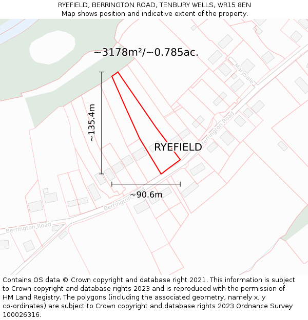 RYEFIELD, BERRINGTON ROAD, TENBURY WELLS, WR15 8EN: Plot and title map