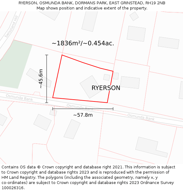 RYERSON, OSMUNDA BANK, DORMANS PARK, EAST GRINSTEAD, RH19 2NB: Plot and title map