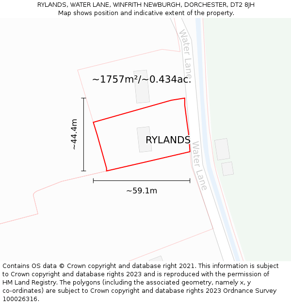 RYLANDS, WATER LANE, WINFRITH NEWBURGH, DORCHESTER, DT2 8JH: Plot and title map