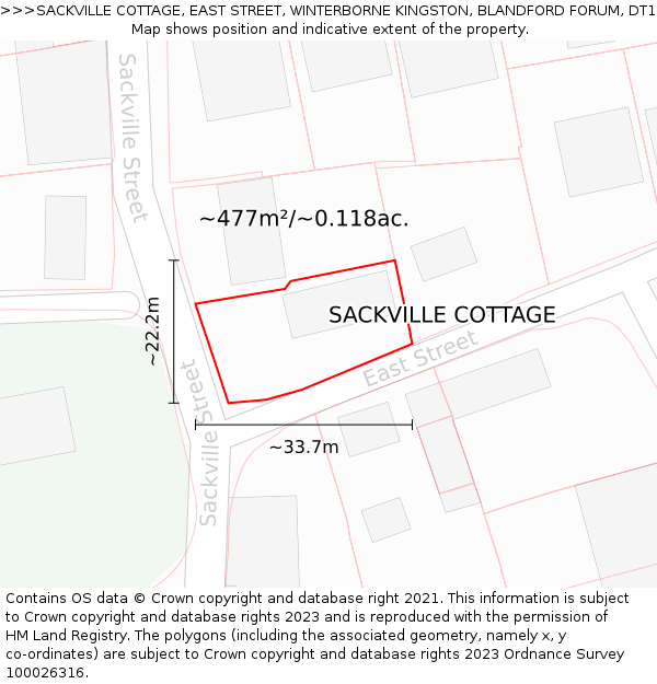 SACKVILLE COTTAGE, EAST STREET, WINTERBORNE KINGSTON, BLANDFORD FORUM, DT11 9BQ: Plot and title map
