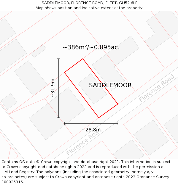SADDLEMOOR, FLORENCE ROAD, FLEET, GU52 6LF: Plot and title map