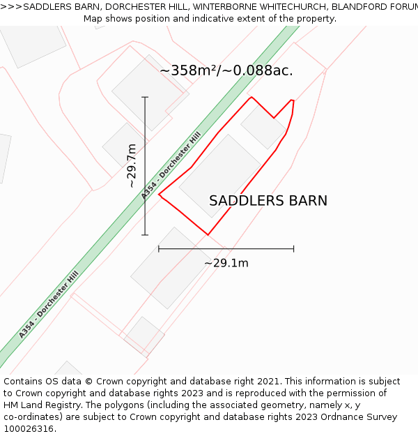 SADDLERS BARN, DORCHESTER HILL, WINTERBORNE WHITECHURCH, BLANDFORD FORUM, DT11 0HP: Plot and title map