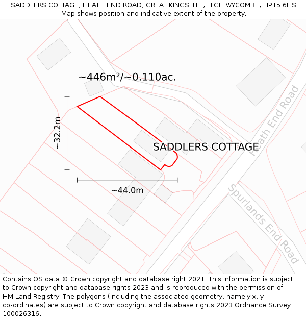 SADDLERS COTTAGE, HEATH END ROAD, GREAT KINGSHILL, HIGH WYCOMBE, HP15 6HS: Plot and title map