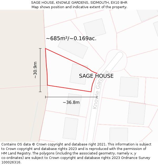 SAGE HOUSE, KNOWLE GARDENS, SIDMOUTH, EX10 8HR: Plot and title map