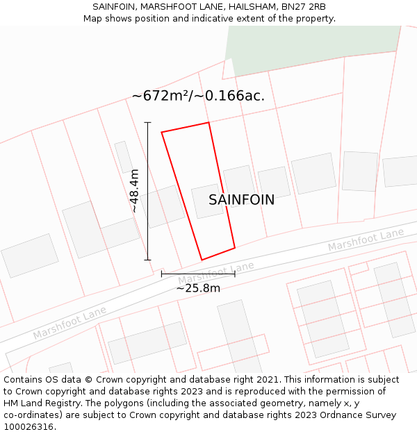 SAINFOIN, MARSHFOOT LANE, HAILSHAM, BN27 2RB: Plot and title map