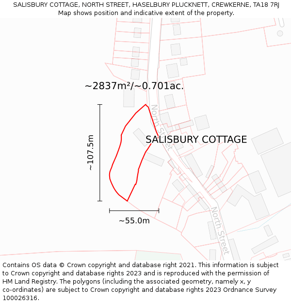 SALISBURY COTTAGE, NORTH STREET, HASELBURY PLUCKNETT, CREWKERNE, TA18 7RJ: Plot and title map