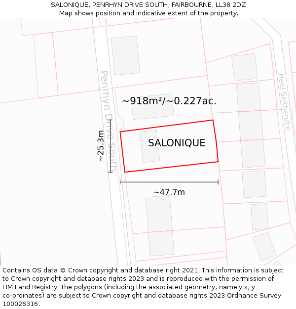 SALONIQUE, PENRHYN DRIVE SOUTH, FAIRBOURNE, LL38 2DZ: Plot and title map