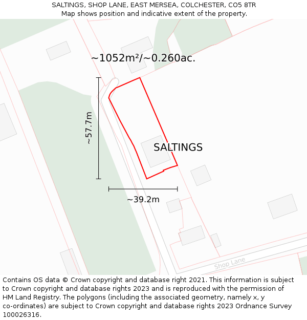 SALTINGS, SHOP LANE, EAST MERSEA, COLCHESTER, CO5 8TR: Plot and title map