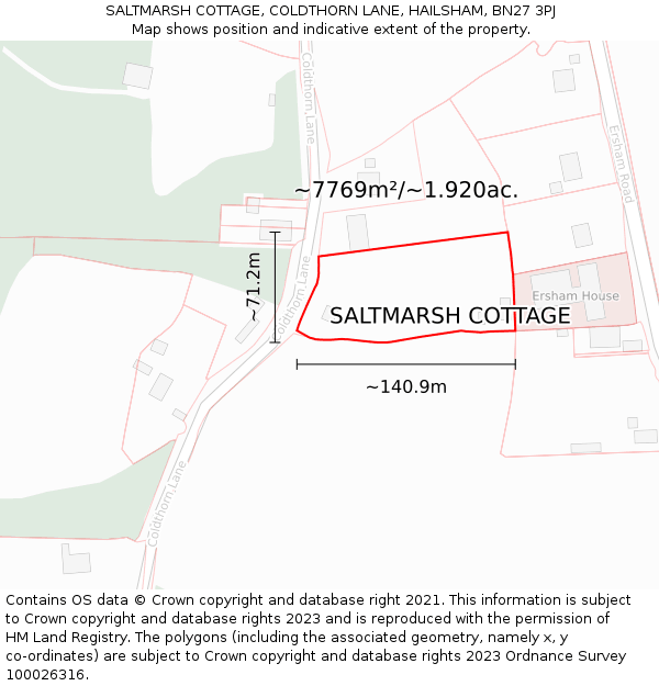 SALTMARSH COTTAGE, COLDTHORN LANE, HAILSHAM, BN27 3PJ: Plot and title map