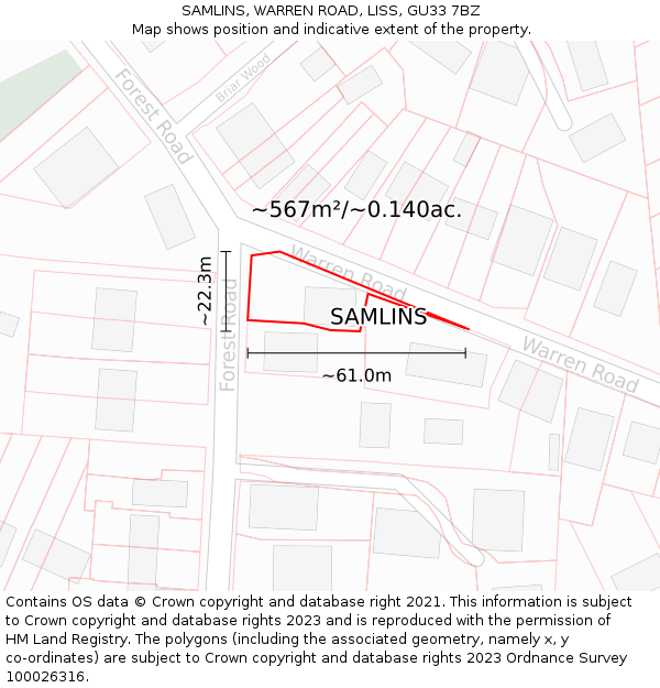 SAMLINS, WARREN ROAD, LISS, GU33 7BZ: Plot and title map