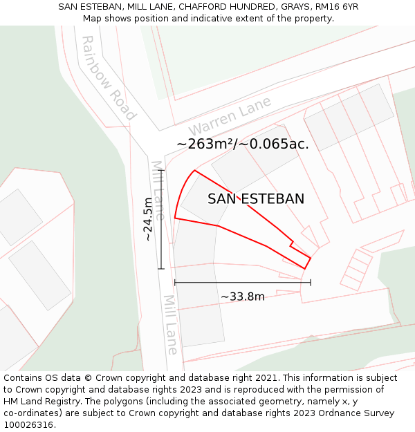 SAN ESTEBAN, MILL LANE, CHAFFORD HUNDRED, GRAYS, RM16 6YR: Plot and title map