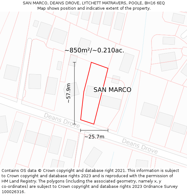 SAN MARCO, DEANS DROVE, LYTCHETT MATRAVERS, POOLE, BH16 6EQ: Plot and title map