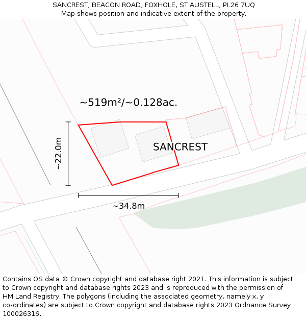 SANCREST, BEACON ROAD, FOXHOLE, ST AUSTELL, PL26 7UQ: Plot and title map