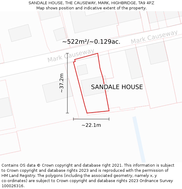 SANDALE HOUSE, THE CAUSEWAY, MARK, HIGHBRIDGE, TA9 4PZ: Plot and title map