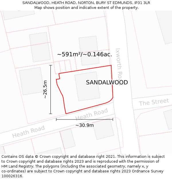 SANDALWOOD, HEATH ROAD, NORTON, BURY ST EDMUNDS, IP31 3LR: Plot and title map