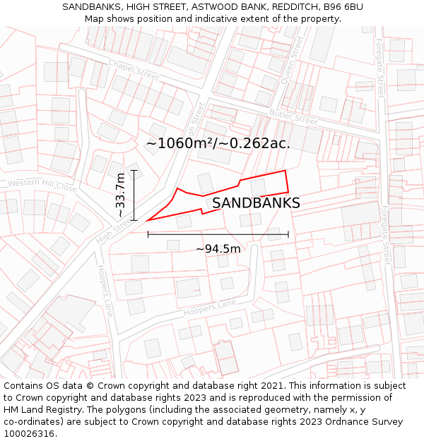 SANDBANKS, HIGH STREET, ASTWOOD BANK, REDDITCH, B96 6BU: Plot and title map