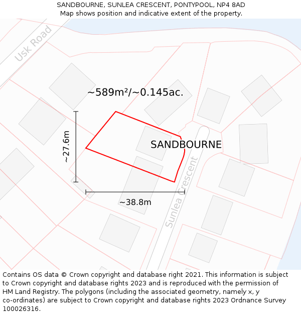 SANDBOURNE, SUNLEA CRESCENT, PONTYPOOL, NP4 8AD: Plot and title map