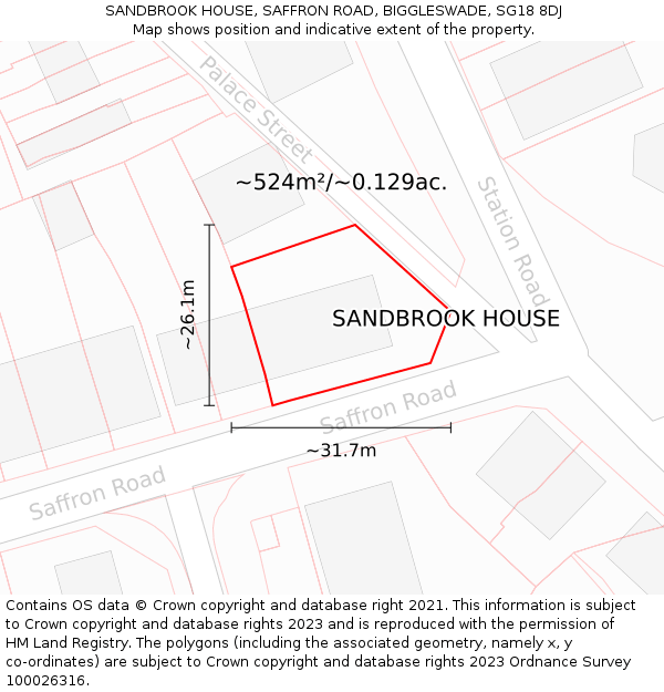 SANDBROOK HOUSE, SAFFRON ROAD, BIGGLESWADE, SG18 8DJ: Plot and title map